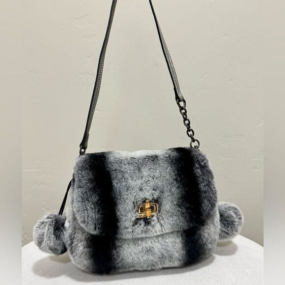 Gray Handmade Real Rex Rabbit Fur Handbag & 2 Fur Balls Charm & 2 Strap Styles - Picture 1 of 15